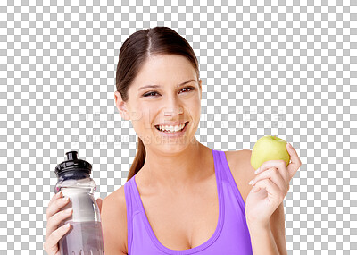 Buy stock photo Health, portrait and woman with apple and water on isolated, png and transparent background for diet. Sports, healthy body and female person with bottle and fruit for fitness, wellness and nutrition