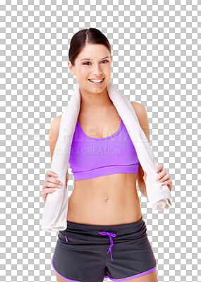 Buy stock photo Sports, fitness and portrait of woman with a towel happy with wellness isolated in a transparent or png background. Health, exercise and young person, model or athlete after workout or sport training