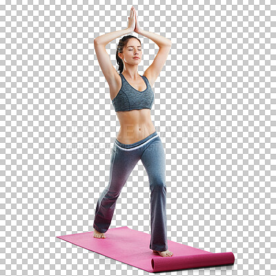 Buy stock photo Fitness, meditation and yoga with woman on transparent background for peace, relax and healing. Health, wellness, and body with female yogi stretching on png for pilates, mindfulness and workout