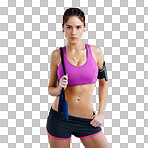 A fit woman working out while wearing her mp3 armband isolated on a png background