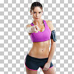 A fit young woman pointing towards you while wearing an mp3 arm band isolated on a png background