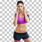 Studio shot of a fit young woman wearing an mp3 arm band isolated on a png background