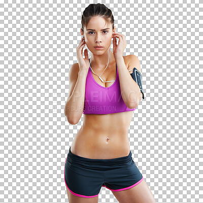 Buy stock photo Fitness, music and portrait of woman for body exercise on isolated, png and transparent background. Sports, wellness and serious person listening to audio or song for workout, training and cardio