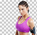 Studio shot of a fit young woman wearing an mp3 arm band isolated on a png background