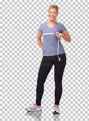 Buy stock photo Workout, woman and portrait with tape to measure chest with a smile for weight loss, goal and fitness. Female person measuring body while isolated on transparent png background with healthy progress