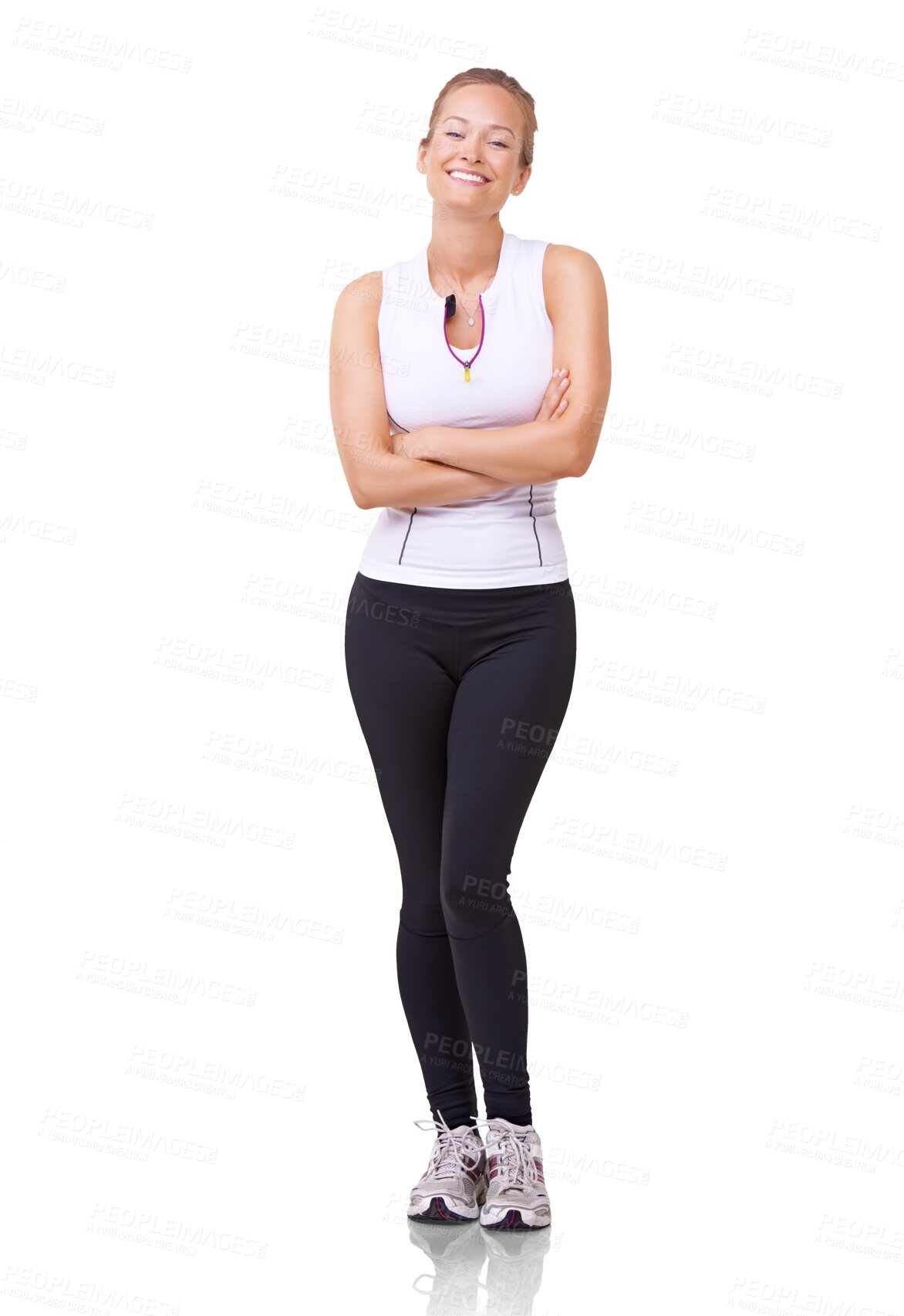 Buy stock photo Fitness, full body and portrait of a woman with gym clothes for exercise, proud workout and wellness. Happy female model with crossed arms for confidence isolated on a transparent png background