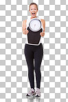 Studio portrait of a sporty young woman showing a scale to the camera isolated on a png background