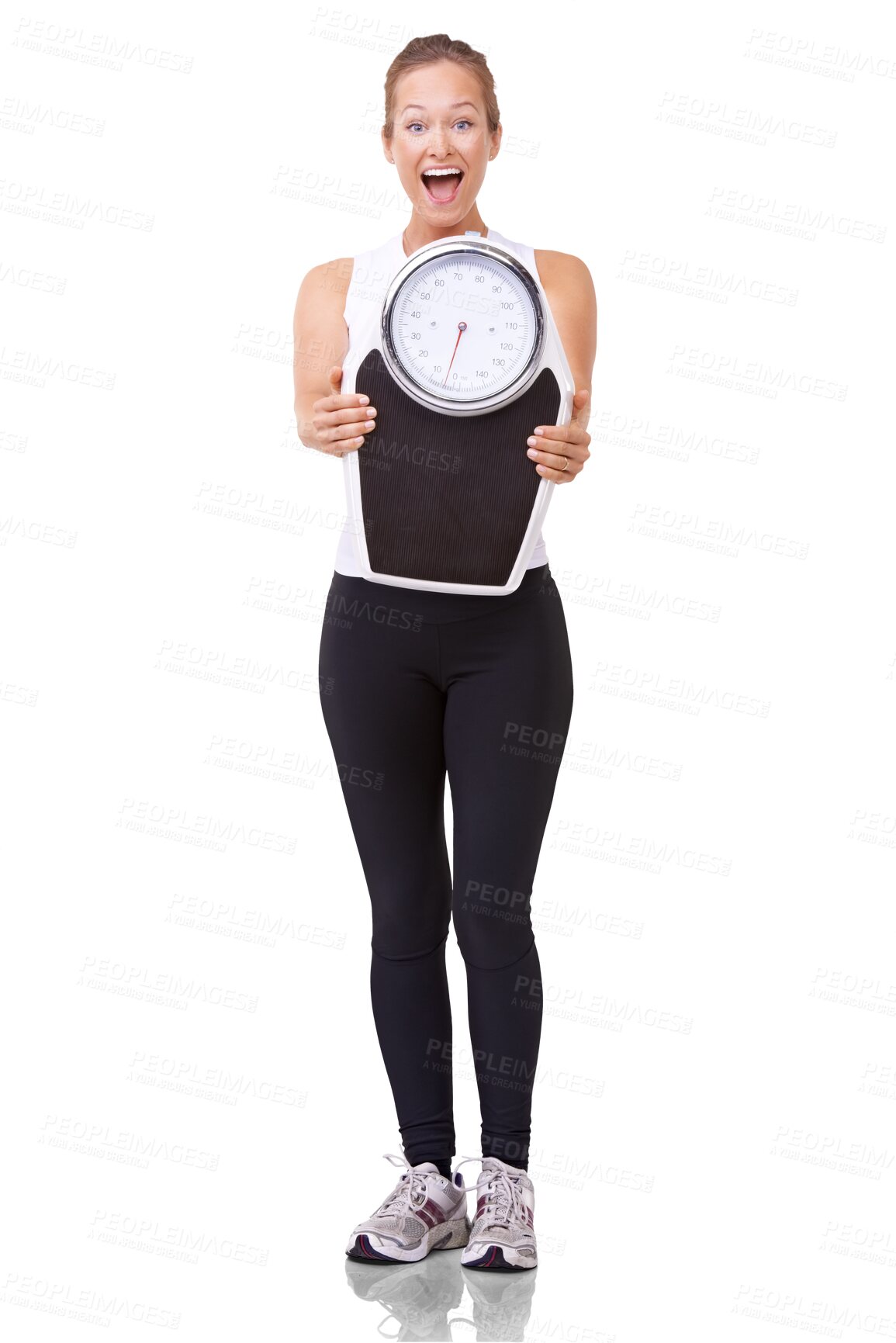 Buy stock photo Scale, success and fitness with portrait of woman on transparent background for weight loss, wow and workout. Exercise, winner and goals with person isolated on png for training, diet and health