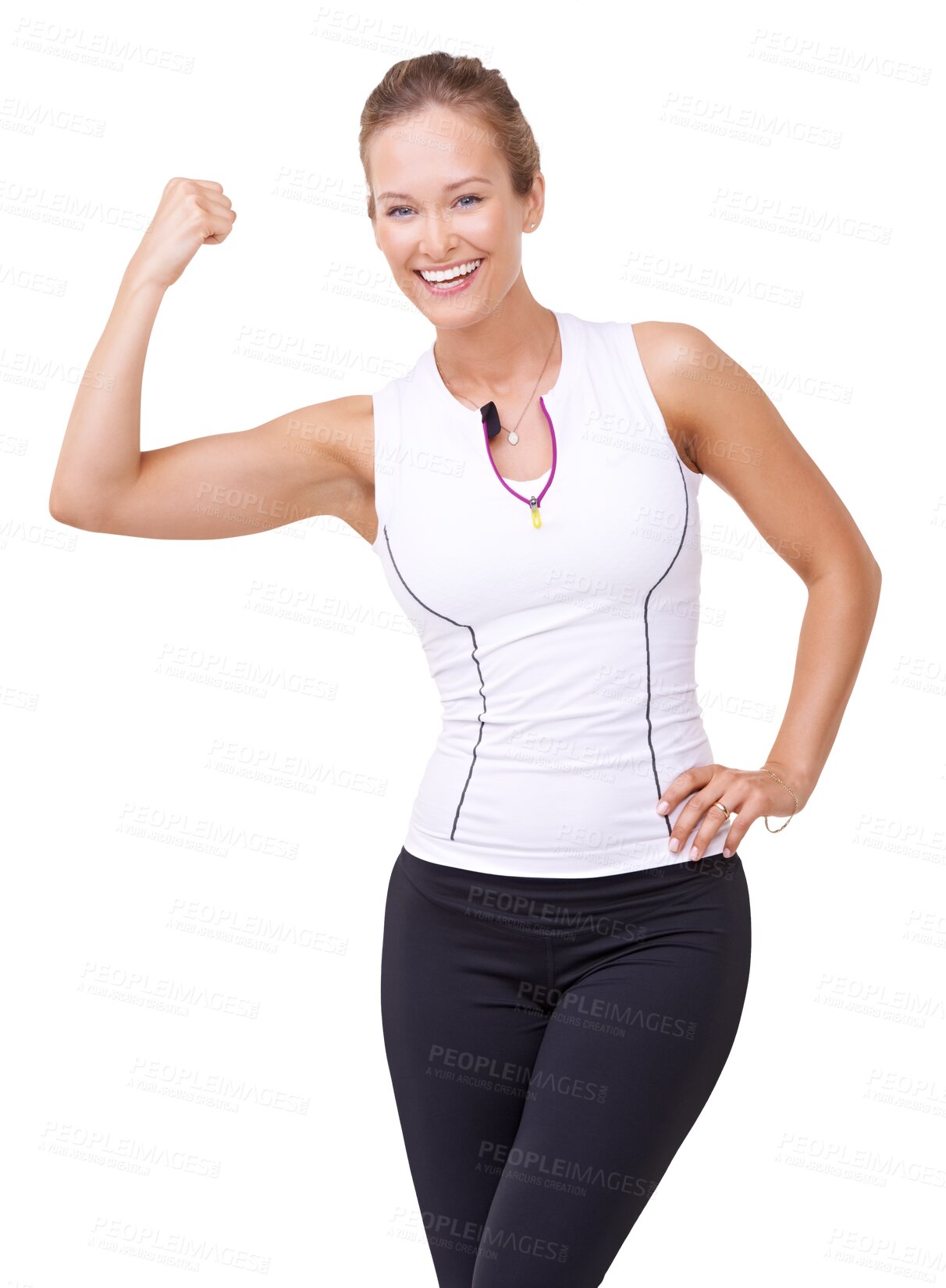 Buy stock photo Arm flex, woman and portrait with a smile for fitness, strength and motivation. Healthy female model, wellness and strong bicep isolated on a transparent, png background with confidence and exercise