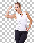 Portrait of an attractive young woman showing you her bicep isolated on a png background