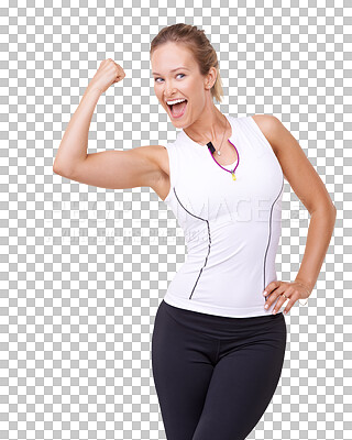 Buy stock photo Arm flex, excited woman and workout with a smile for fitness, motivation and empowerment. Strong bicep, wellness and female model isolated on a transparent png background with confidence for exercise