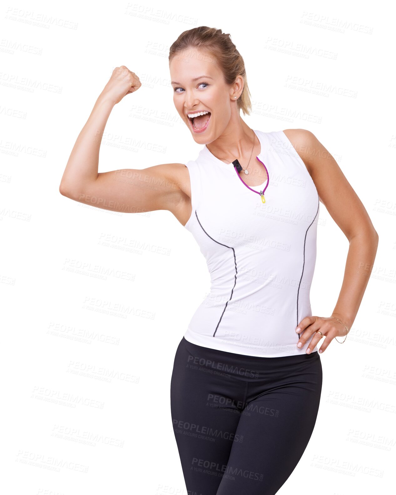 Buy stock photo Arm flex, excited woman and workout with a smile for fitness, motivation and empowerment. Strong bicep, wellness and female model isolated on a transparent png background with confidence for exercise