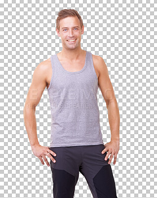 Buy stock photo Fitness, smile and portrait of man isolated on a transparent png background for health, workout and exercise. Happy, wellness and strong male person with pride, muscle and ready for healthy lifestyle