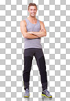 Full length studio portrait of a fit young man standing with his arms crossed isolated on a png background