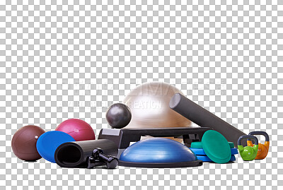 Buy stock photo Ball, kettlebell and sport equipment for gym on isolated, png and transparent background for fitness. Objects, sports and yoga mat, dumbbells and weights for training, exercise and cardio workout