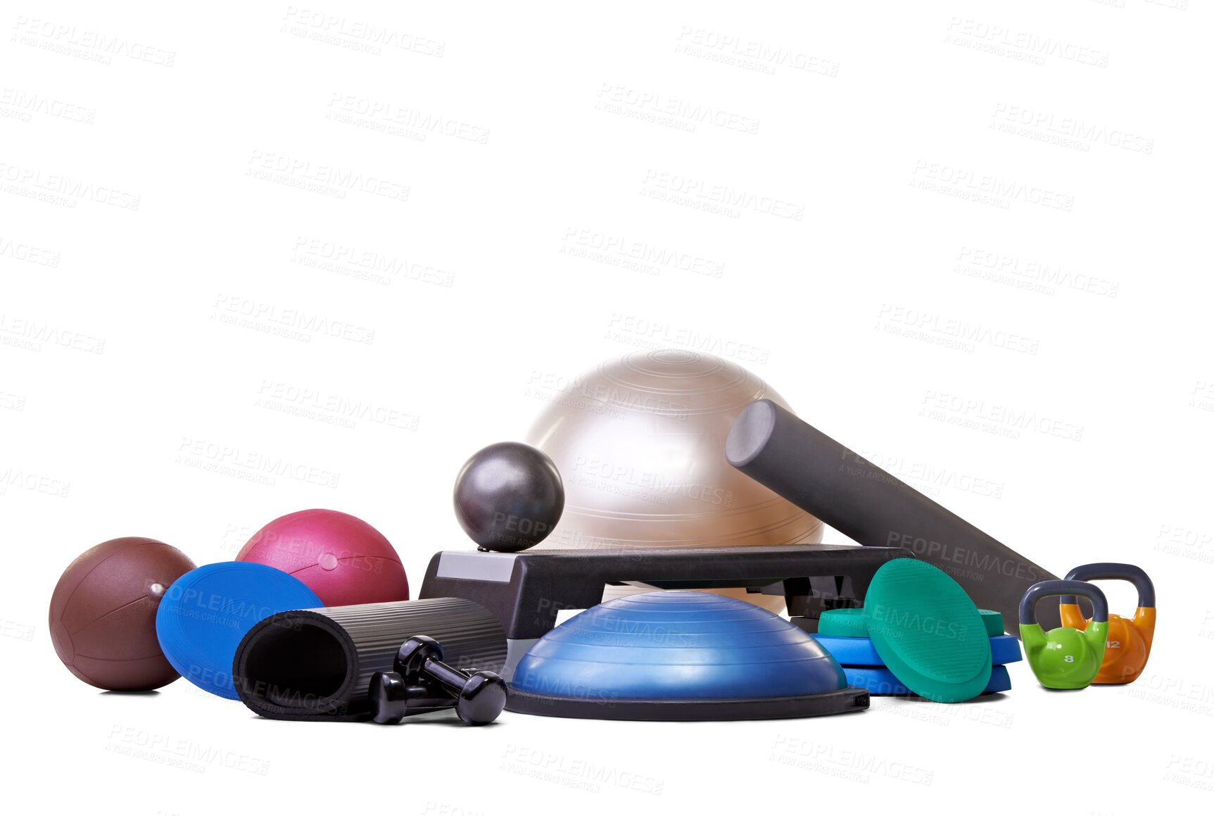 Buy stock photo Ball, kettlebell and sport equipment for gym on isolated, png and transparent background for fitness. Objects, sports and yoga mat, dumbbells and weights for training, exercise and cardio workout