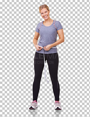 Buy stock photo Athlete, woman portrait and tape measure with a smile from weight loss goal from fitness. Female person, exercise and isolated on a transparent, png background with body training and healthy progress