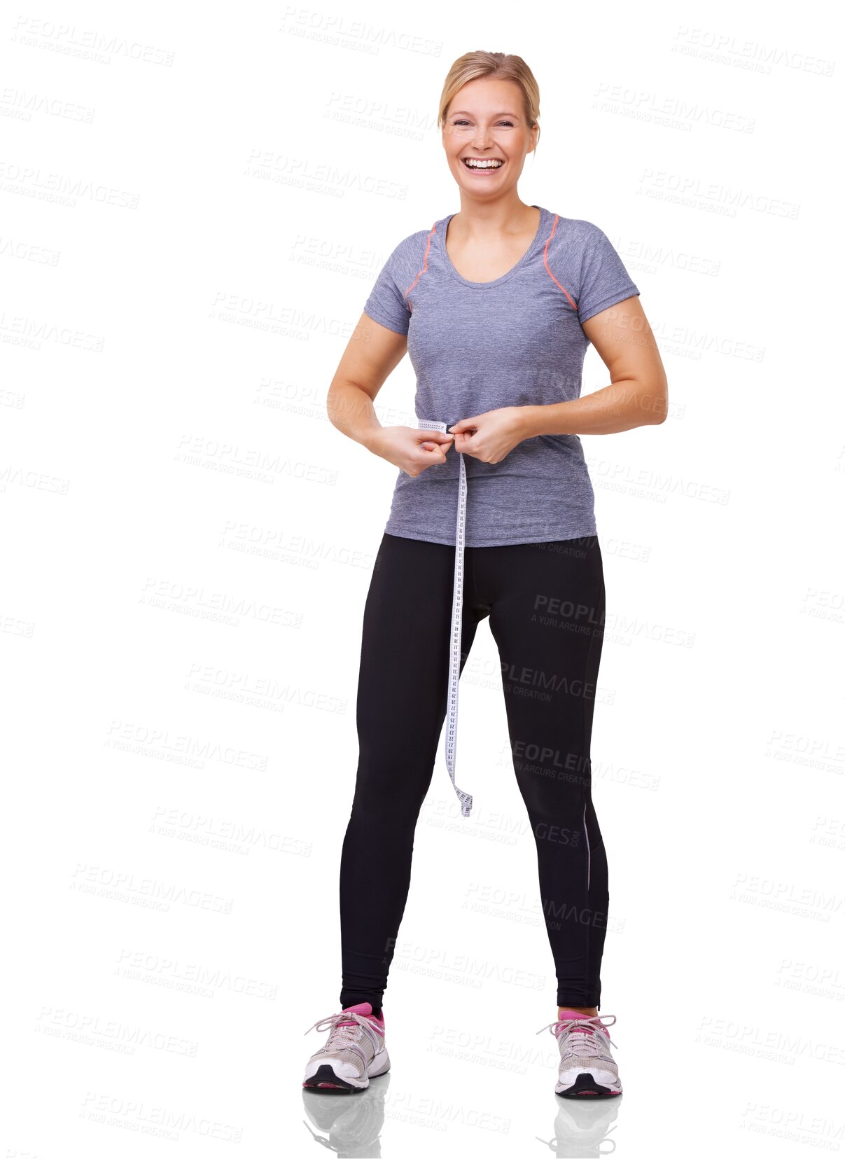 Buy stock photo Happy woman, tape measure and weight loss with a smile from workout goal from fitness. Female person laugh, exercise and isolated on transparent, png background with training and healthy progress