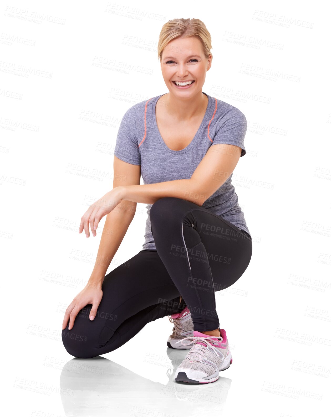 Buy stock photo Fitness, happy and portrait of woman for workout on isolated, png and transparent background. Sports, gym training and happy female person smile for exercise for wellness, health and cardio on floor