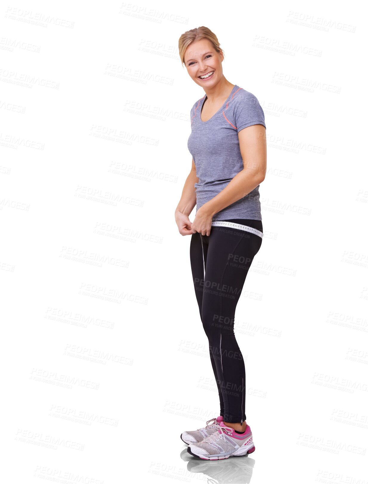 Buy stock photo Fitness, goal and tape with portrait of woman on transparent background for exercise, workout and weight loss. Smile, happiness and pilates with person on png for training, wellness and measurement