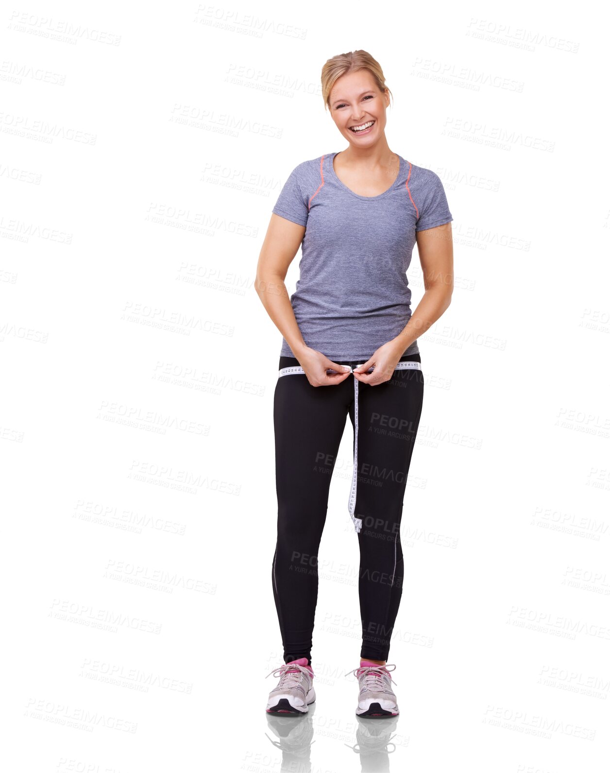 Buy stock photo Fitness, tape measure and portrait of woman for workout on isolated, png and transparent background. Diet, gym training and happy female person exercise for wellness, healthy body and weight loss