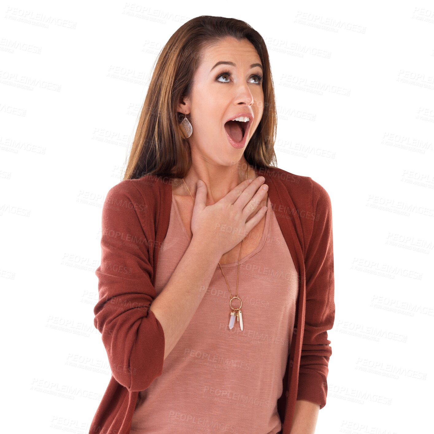 Buy stock photo Woman, wow and excited with isolated on a transparent, png background and happy smile. Young person, female model happiness and surprise with good news announcement, motivation and confidence alone