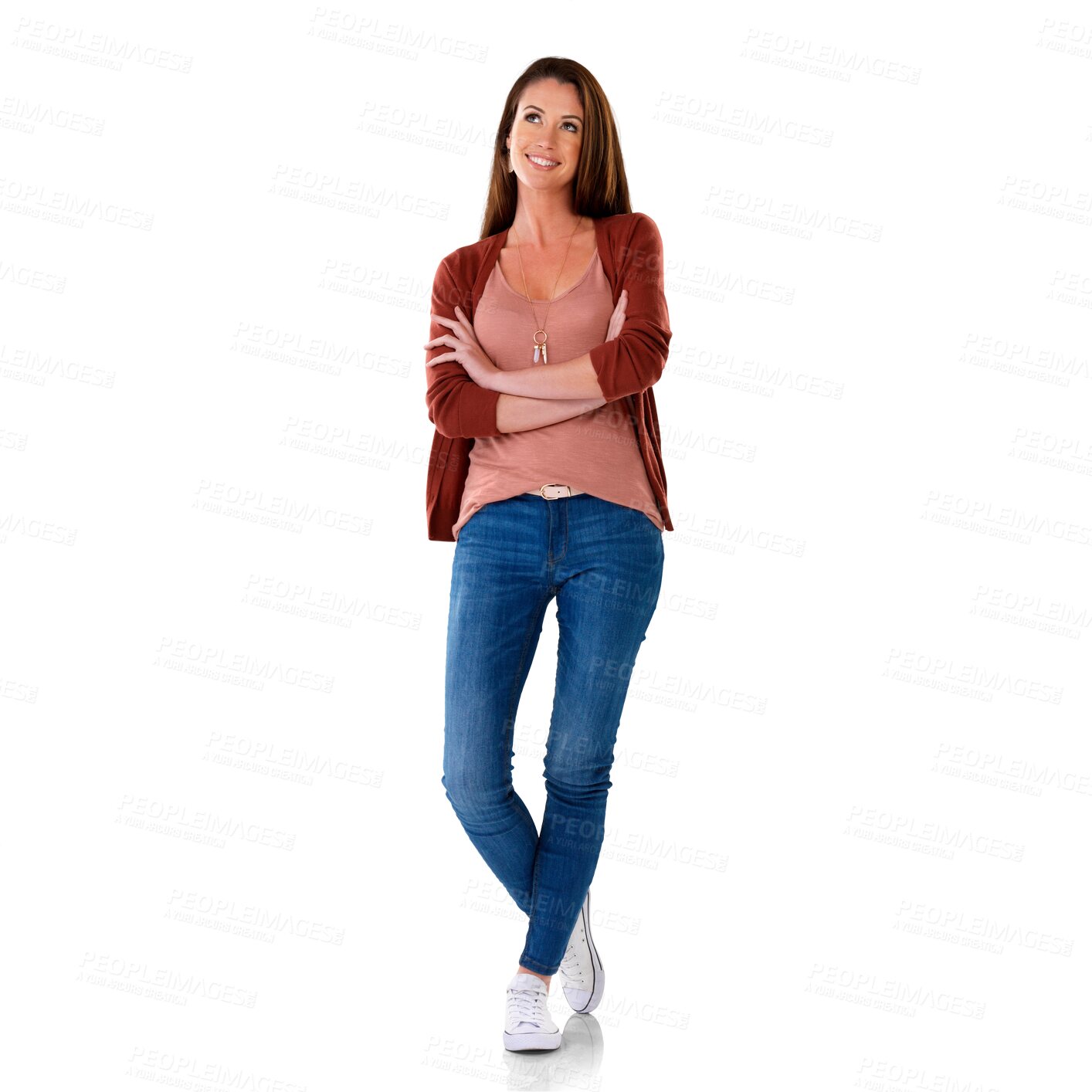 Buy stock photo Woman, arms crossed and thinking with isolated on a transparent, png background. Young person, female model happiness and inspiration with contemplation and ideas of a memory and thought vision