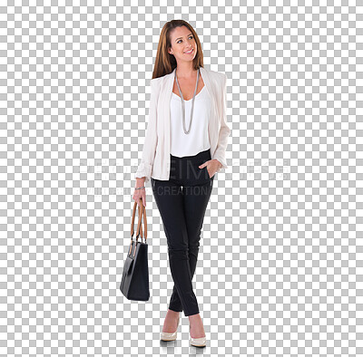 Buy stock photo Business, fashion and happy woman with handbag, thinking and isolated on transparent png background for work. Smile, corporate style and full body of businesswoman with vision of opportunity and bag