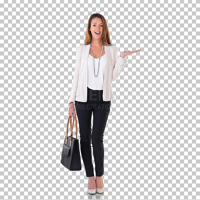 Buy stock photo Portrait, business and happy woman with palm gesture for discount offer, professional product launch or retail news. Corporate fashion, presentation and person isolated on transparent, png background