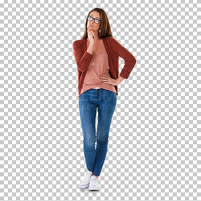 Buy stock photo Think, strategy ideas and woman doubt design solution, fashion choice or problem solving plan, idea or decision. Innovation, confused and thinking person isolated on a transparent, png background