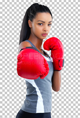 Buy stock photo Boxing glove, woman and portrait with serious face isolated on a transparent, png background. Focus, boxer training and exercise of a young female athlete doing sports and workout with confidence