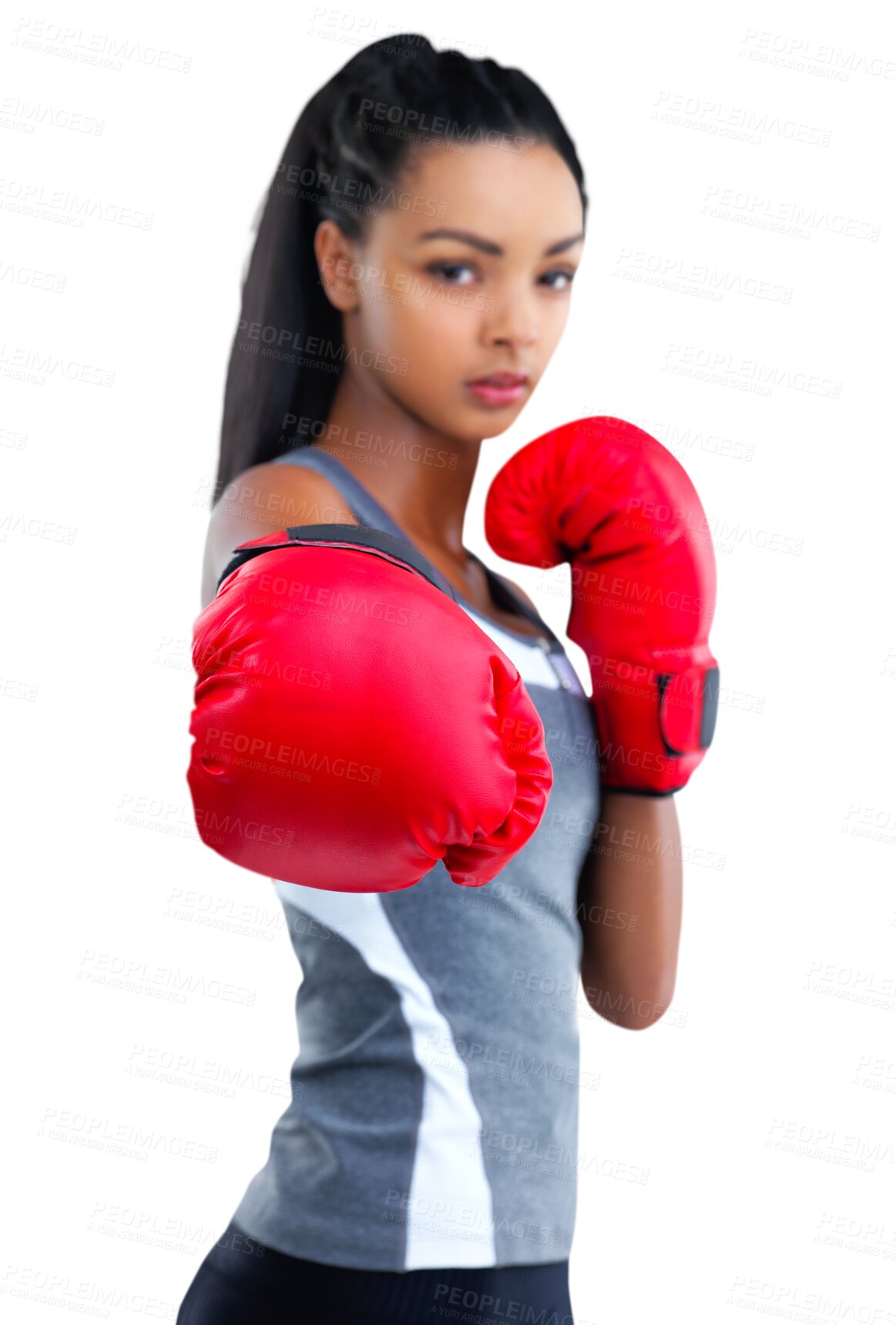 Buy stock photo Boxing glove, woman and portrait with serious face isolated on a transparent, png background. Focus, boxer training and exercise of a young female athlete doing sports and workout with confidence