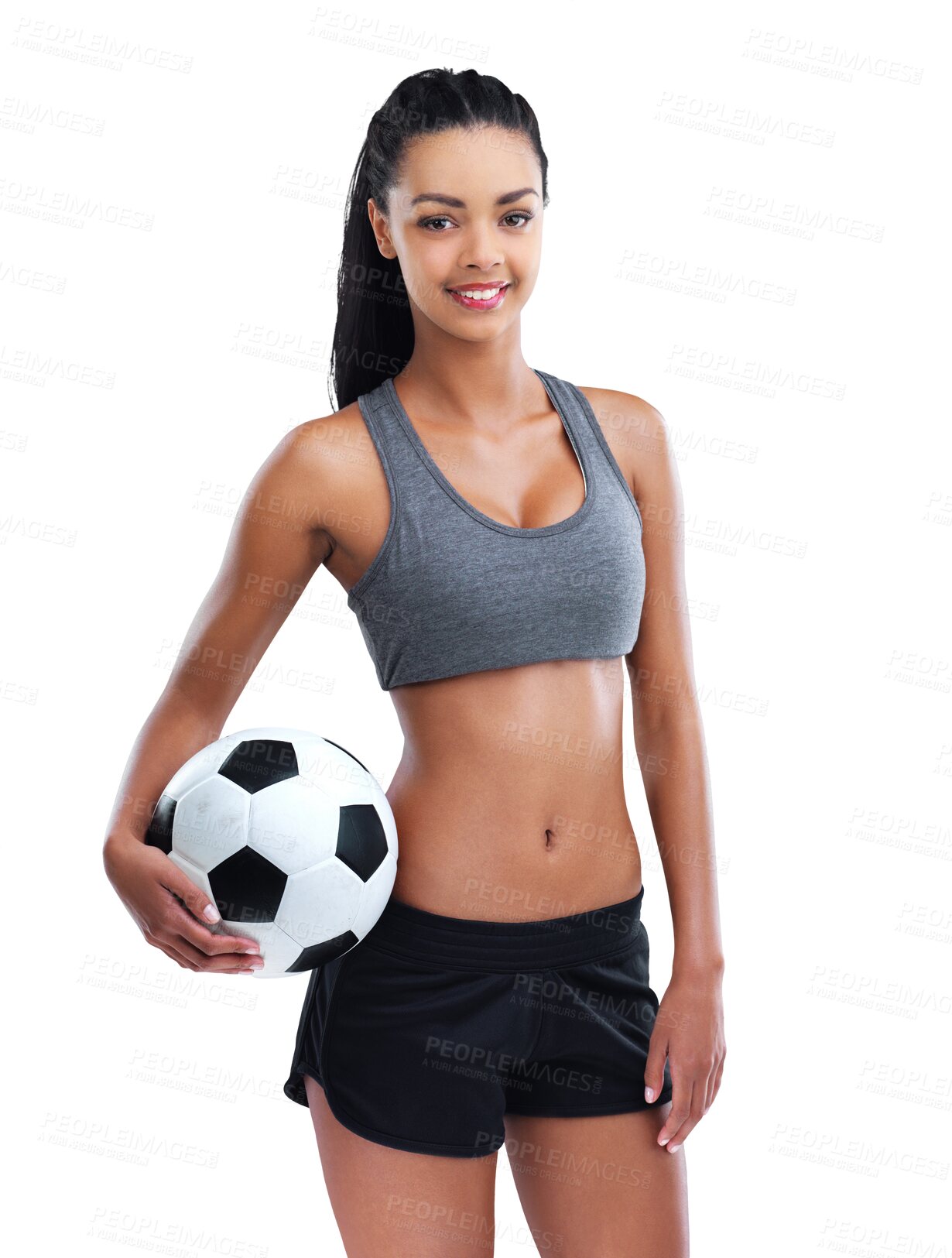 Buy stock photo Fitness, soccer and portrait of a woman with a ball on isolated, transparent and png background. Football, coach and face of female trainer ready for sports, training and healthy lifestyle motivation