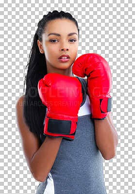 Buy stock photo Boxing gloves, woman and portrait with serious face isolated on a transparent, png background. Focus, boxer training and exercise of a young female athlete doing sports and workout with confidence