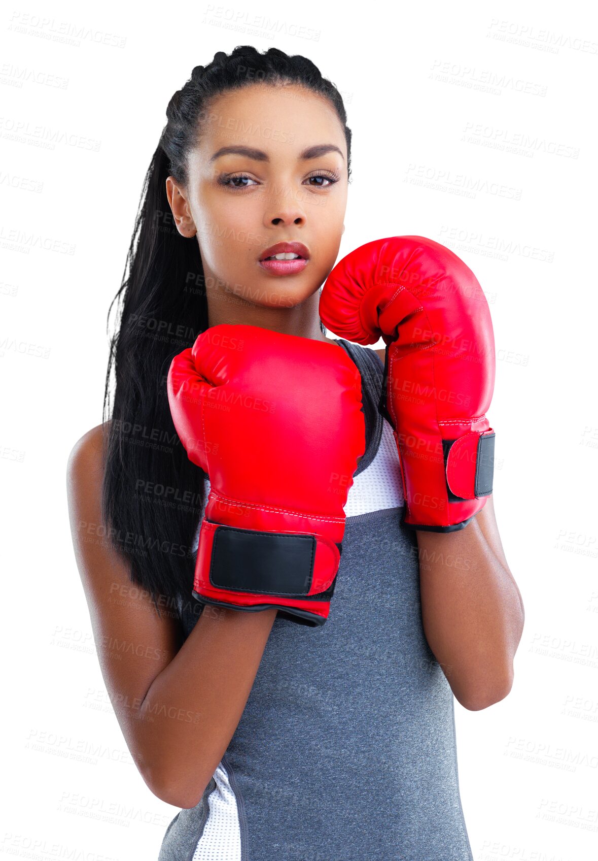 Buy stock photo Boxing gloves, woman and portrait with serious face isolated on a transparent, png background. Focus, boxer training and exercise of a young female athlete doing sports and workout with confidence