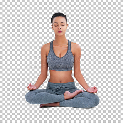 Buy stock photo Yoga, meditation and woman on a floor in lotus pose on transparent, isolated and png background. Fitness, mental health and female person meditating for peace, wellness or holistic breathing exercise