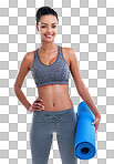 Cropped portrait of a female athlete holding her exercise mat isolated on a png background