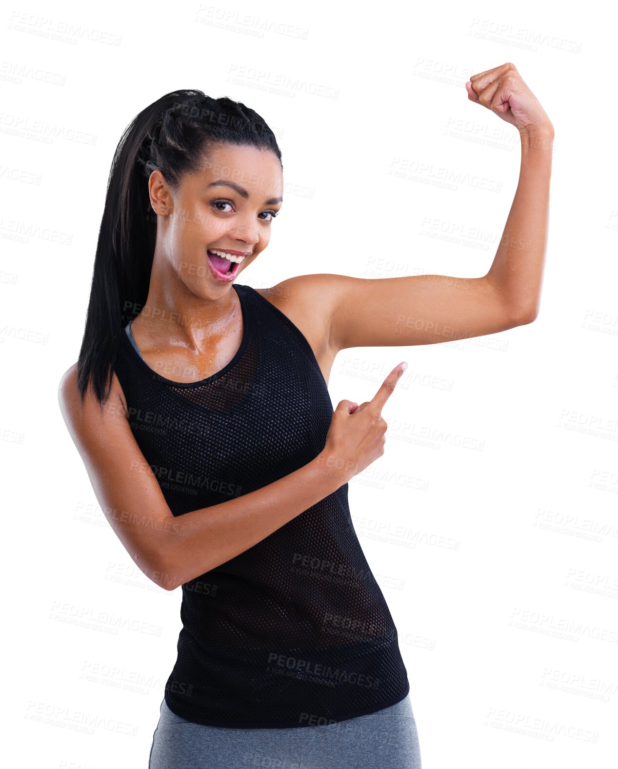 Buy stock photo Woman, portrait and arm flex with happy smile and surprise isolated on transparent, png background. Wellness, wow and arms strength of female person and model with healthy body progress from fitness