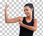 Cropped portrait of a female athlete showing you her bicep isolated on a png background