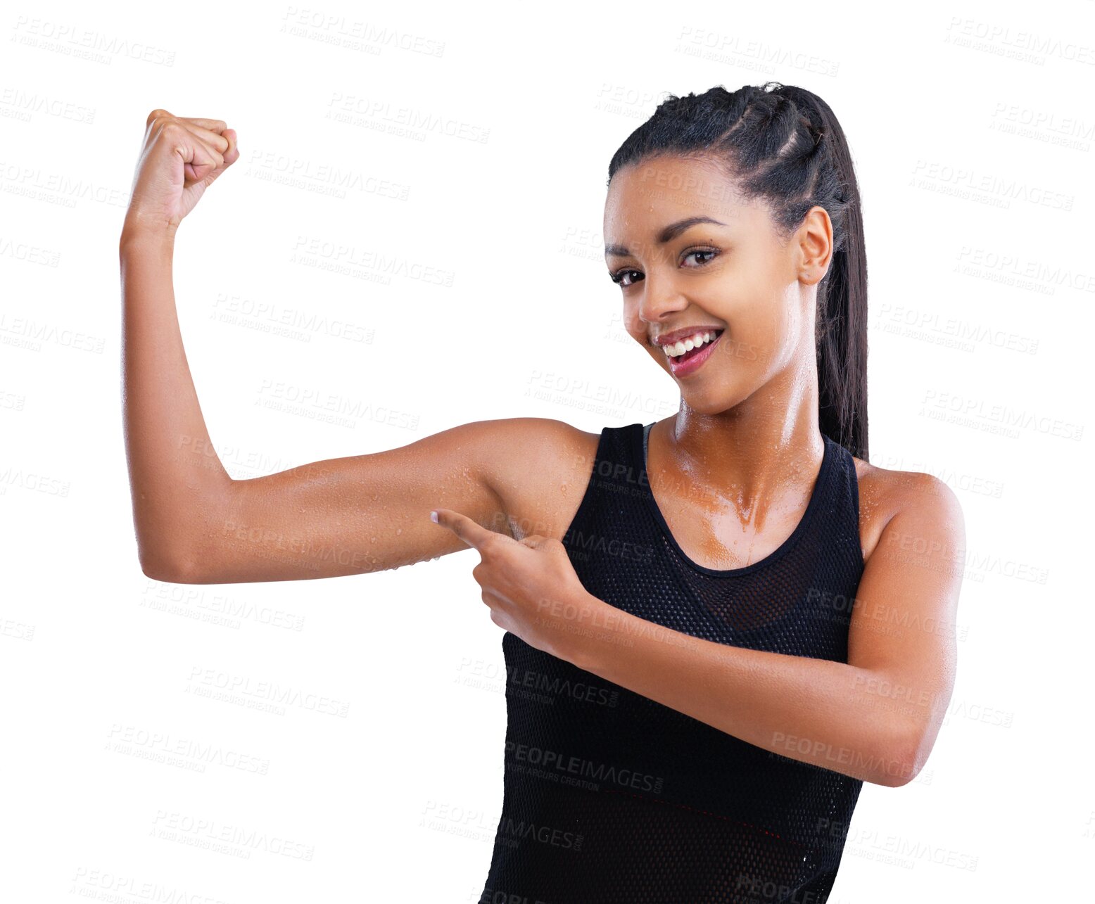 Buy stock photo Woman point, portrait and arm flex with smile and surprise isolated on transparent, png background. Wellness, progress and strong muscle of female person and model with healthy body from fitness