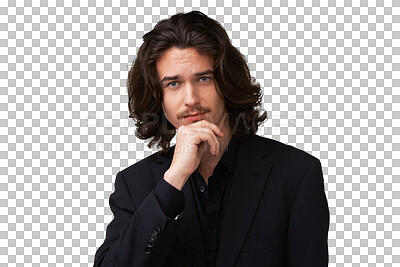 Buy stock photo Man, portrait and modern fashion with confidence and suit isolated on a transparent, png background. Formal blazer, attractive and male person with hip clothing of a model with professional style