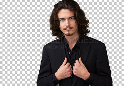 Buy stock photo Man, cool portrait and modern fashion with confidence and suit isolated on a transparent, png background. Formal blazer, attractive and male person with hip clothing of model with Italian style