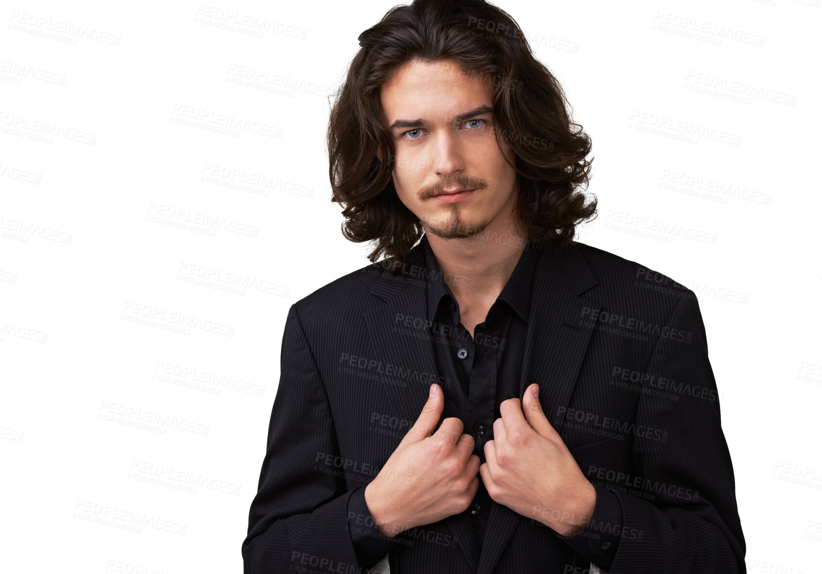 Buy stock photo Man, cool portrait and modern fashion with confidence and suit isolated on a transparent, png background. Formal blazer, attractive and male person with hip clothing of model with Italian style