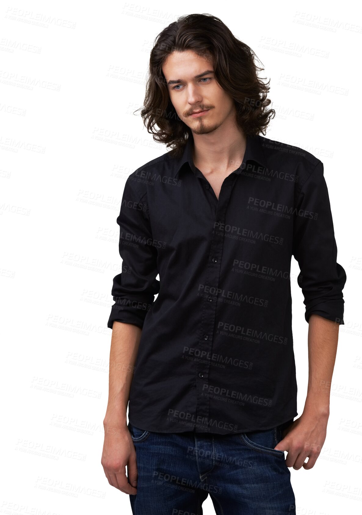 Buy stock photo Thinking, modern and young man with casual fashion on isolated, transparent and png background. Punk, rocker and  Italian male model in cool outfit with edgy or pose, long hair or grunge aesthetic