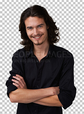 Buy stock photo Portrait, smile and man with arms crossed for fashion on transparent, isolated and png background. Happy, face and hippie male model with long hair, proud and young with grunge, punk or aesthetic