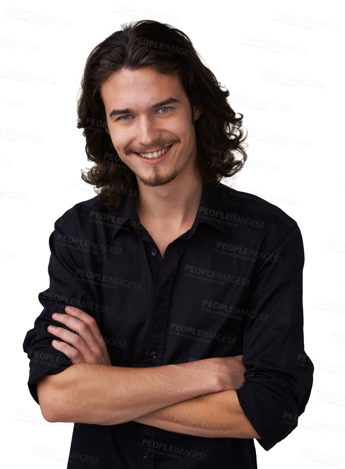 Buy stock photo Portrait, smile and man with arms crossed for fashion on transparent, isolated and png background. Happy, face and hippie male model with long hair, proud and young with grunge, punk or aesthetic