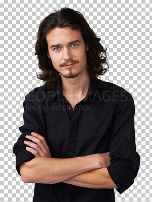 Buy stock photo Portrait, confident and man with arms crossed for fashion on transparent, isolated and png background. Face, attitude and hippie male model with long hair, young or proud of rocker or punk aesthetic