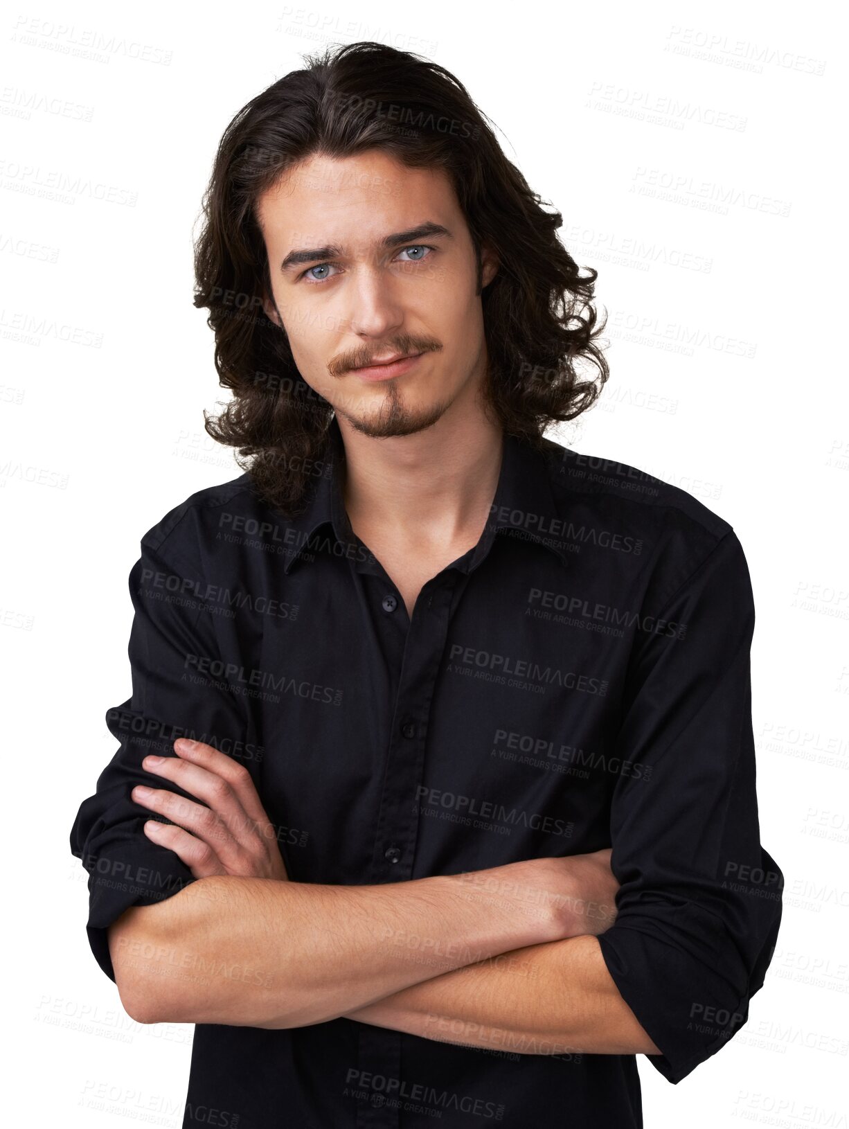 Buy stock photo Portrait, confident and man with arms crossed for fashion on transparent, isolated and png background. Face, attitude and hippie male model with long hair, young or proud of rocker or punk aesthetic