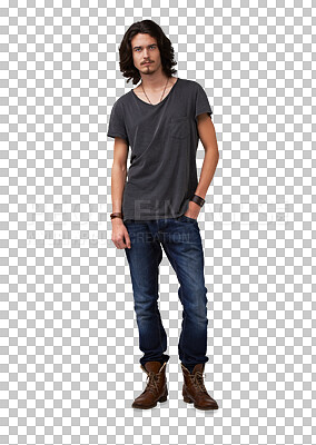 Buy stock photo Man, portrait and hipster fashion with trendy style isolated on a transparent, png background. Young person, male model and confidence with modern and cool clothing alone with smile, jeans and pose 