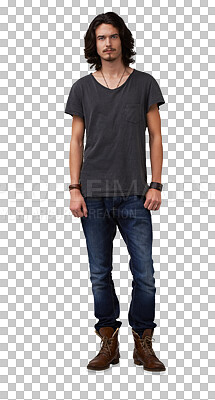 Buy stock photo Man, attractive portrait and casual fashion with hipster style isolated on a transparent, png background. Young person, male model and confidence with modern and clothing with tshirt, jeans and pose 